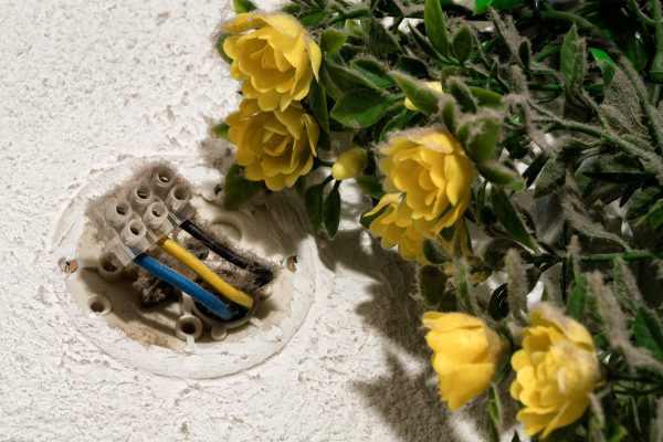 Radius elektriciteitssnoer gele bloemen muur